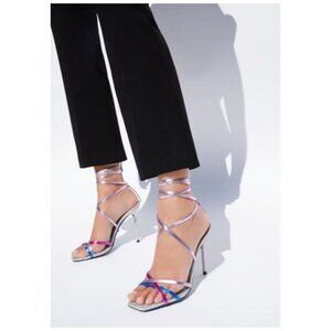 ZARA Blue Collection Sparkle Heels Lace-Up Glitter Metallic Formal Womens 7.5/38